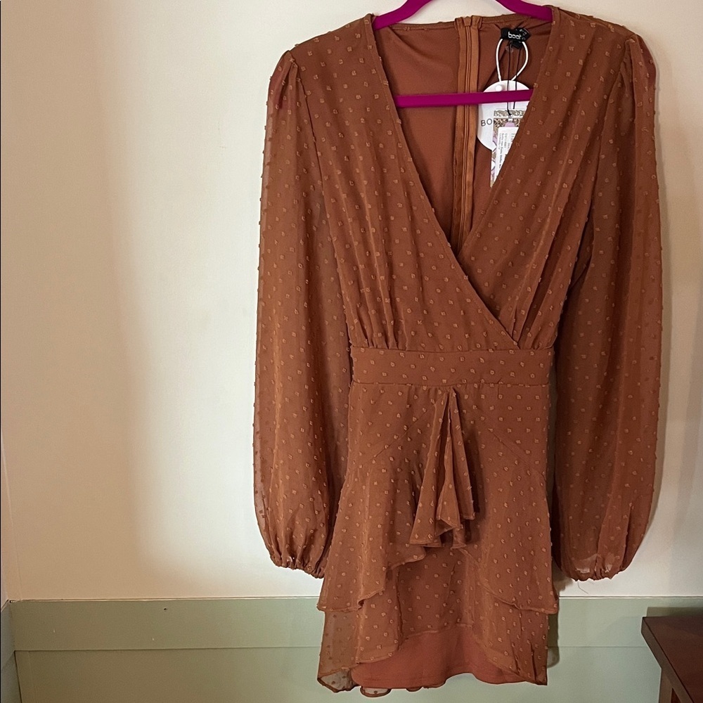 Boo Hoo dotted balloon sleeve wrap look ruffle hem dress